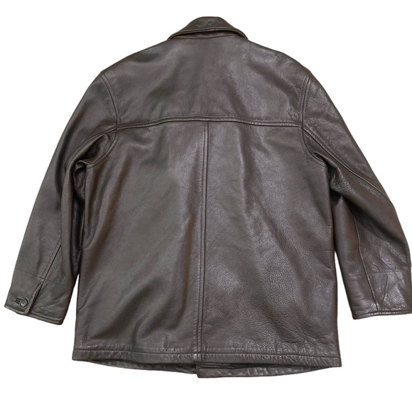 Vintage 90s Normcore J.Crew Brown Heavy Leather wool lined coat - Picture 6 of 8